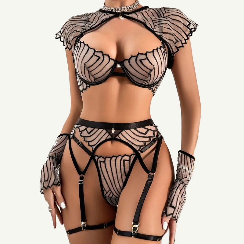 Garter Belt Set - Zwarte, geometrisch geborduurde bh en slipset