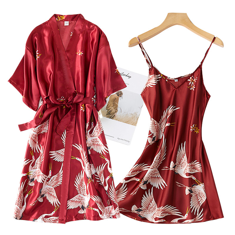 Robe Silk Women - Bourgondië Vrouwen 2 Stuks Faux Zijden